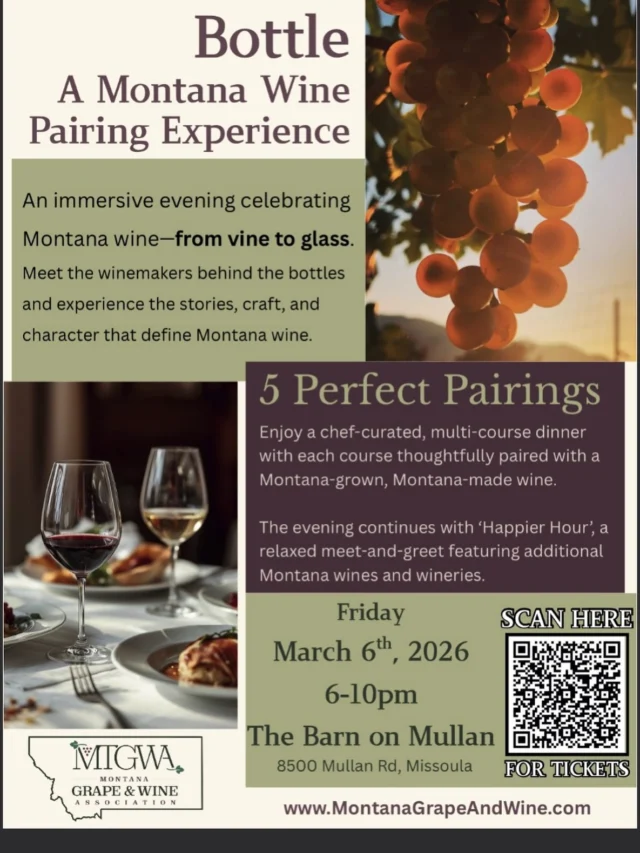 Come check us out! Tickets close Friday!

Five courses, thoughtfully paired with Montana wines
Winemakers sharing the stories behind each bottle
A beautiful, relaxed setting with incredible food
A fundraiser supporting the future of Montana wine

https://www.eventbrite.com/e/behind-the-bottle-a-montana-wine-pairing-experience-tickets-1980038873572?aff=oddtdtcreator