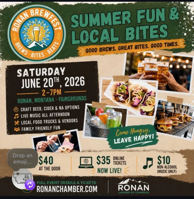 Looking for some outdoor summer activities to add to your calendar?

Join us for the Ronan BrewFest on Saturday June 20 from 2pm-7pm AND the Montana Wine, Beer, and Spirits Festival in Columbia Falls on August 1 from 2pm-8pm!

Which one will you be attending?